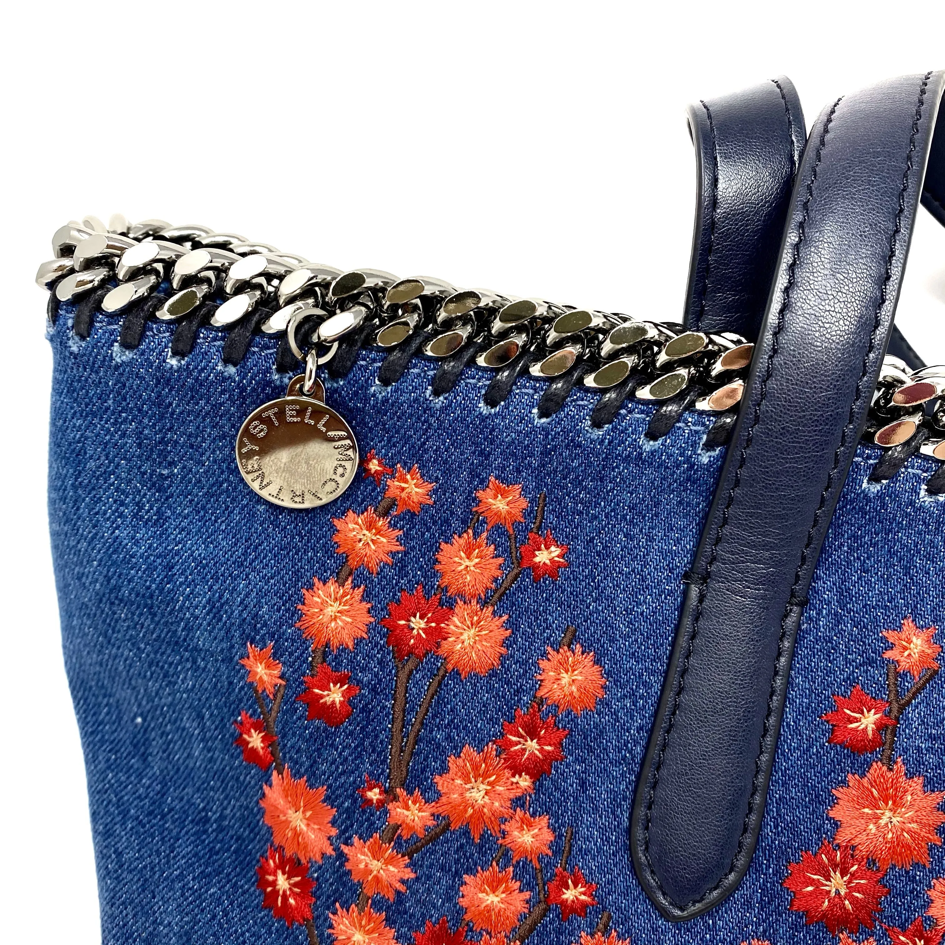 Stella McCartney Falabella Desert Embroidered Flowers Denim Tote Bag