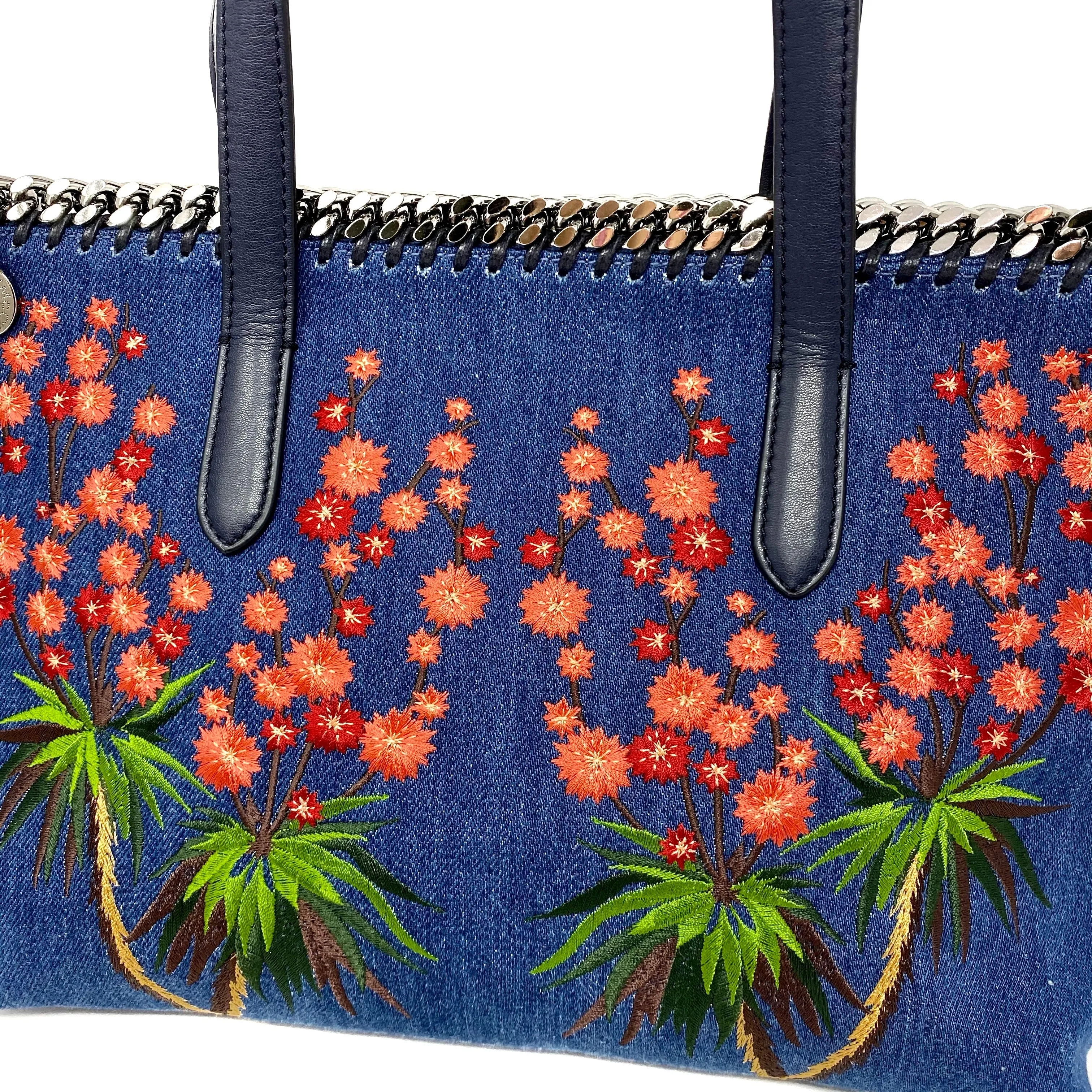 Stella McCartney Falabella Desert Embroidered Flowers Denim Tote Bag