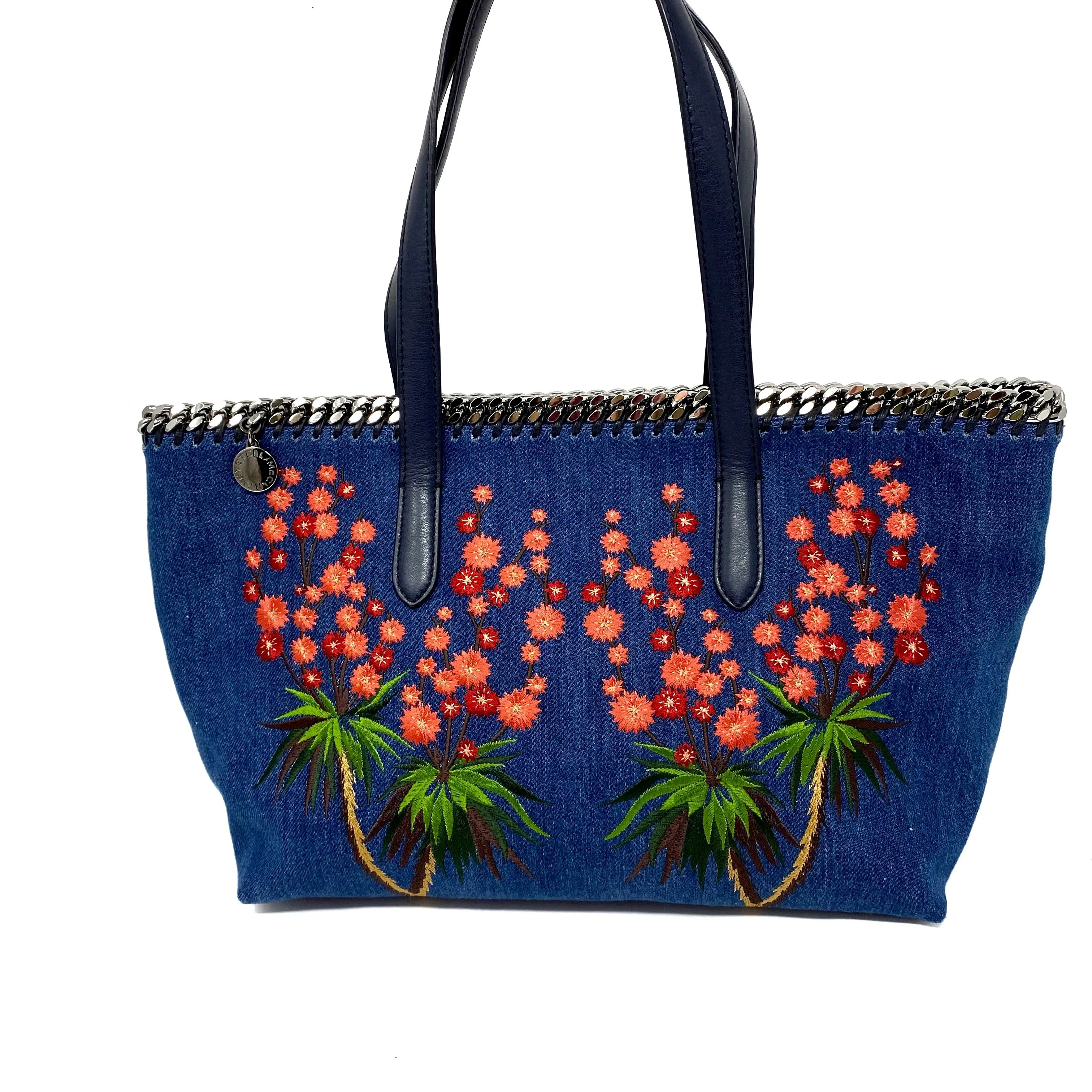 Stella McCartney Falabella Desert Embroidered Flowers Denim Tote Bag