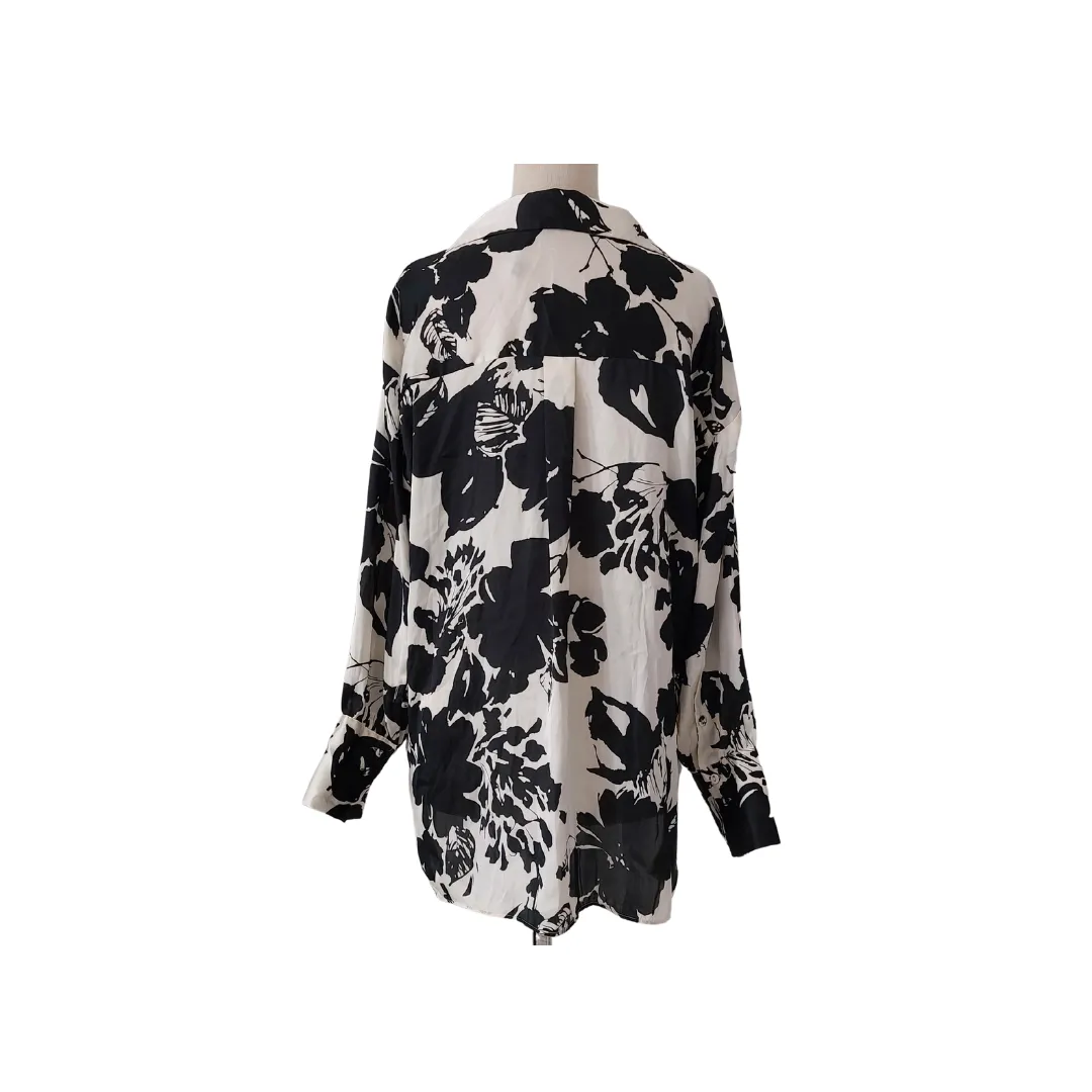 ZARA Black and White Printed Satin Collared Shirt | Gently Used |