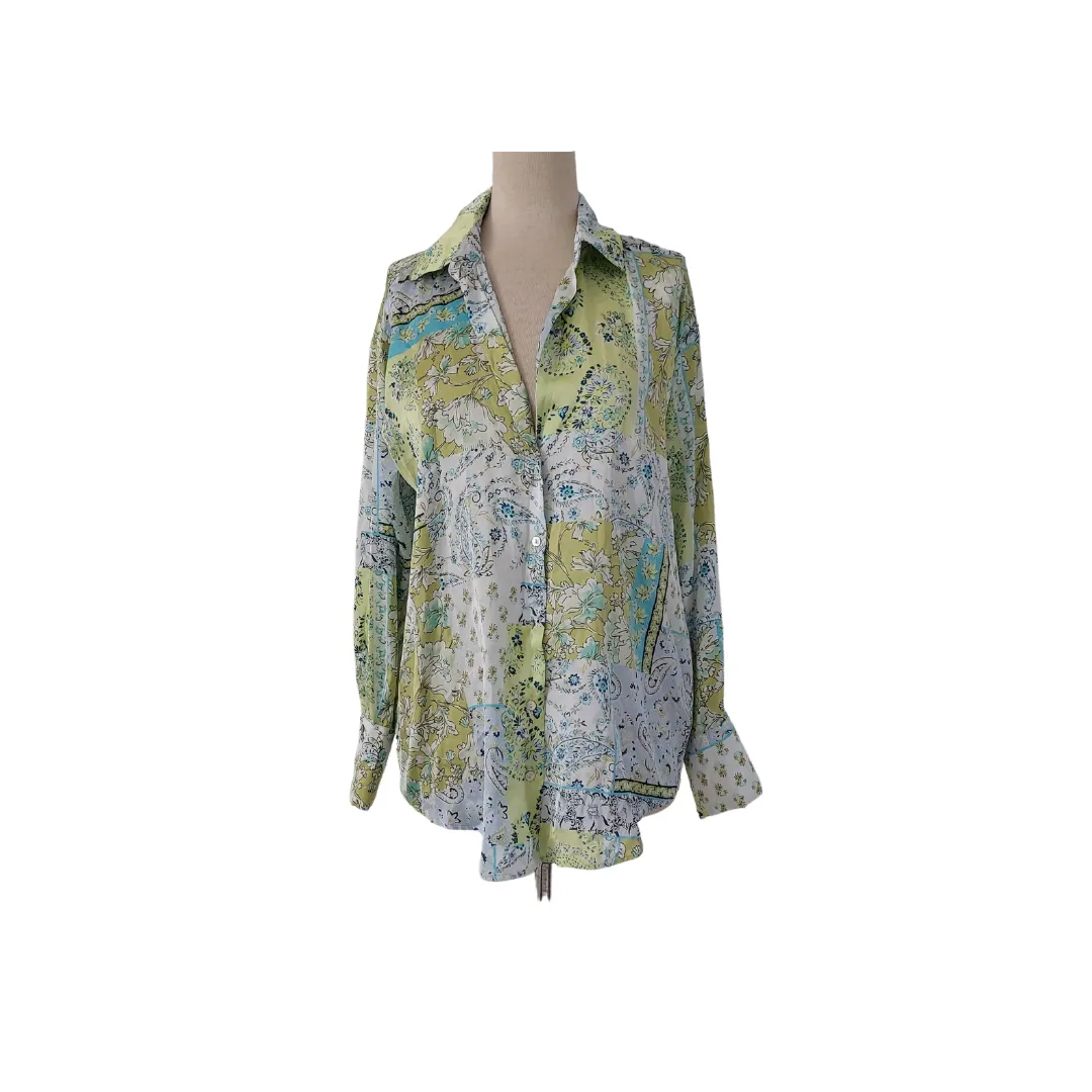 ZARA Green Paisley Print Satin Collared Shirt  | Brand New |