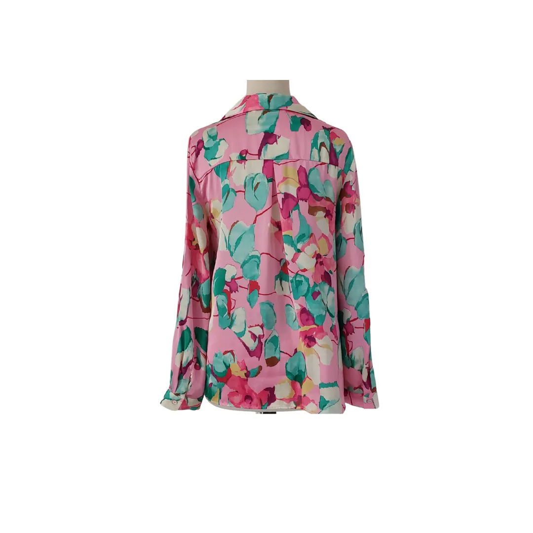 ZARA Pink and Green Floral Printed Satin Collared Shirt | Like New |